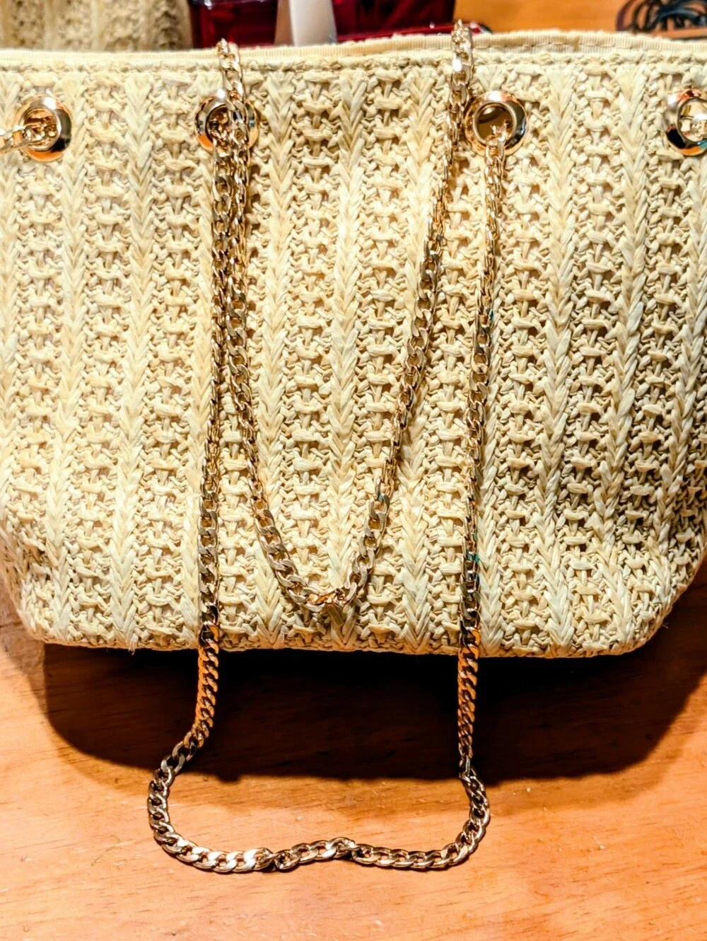 Lulus Woven Straw Tote Bag with Gold Chain Handles - Cream/Tan Color